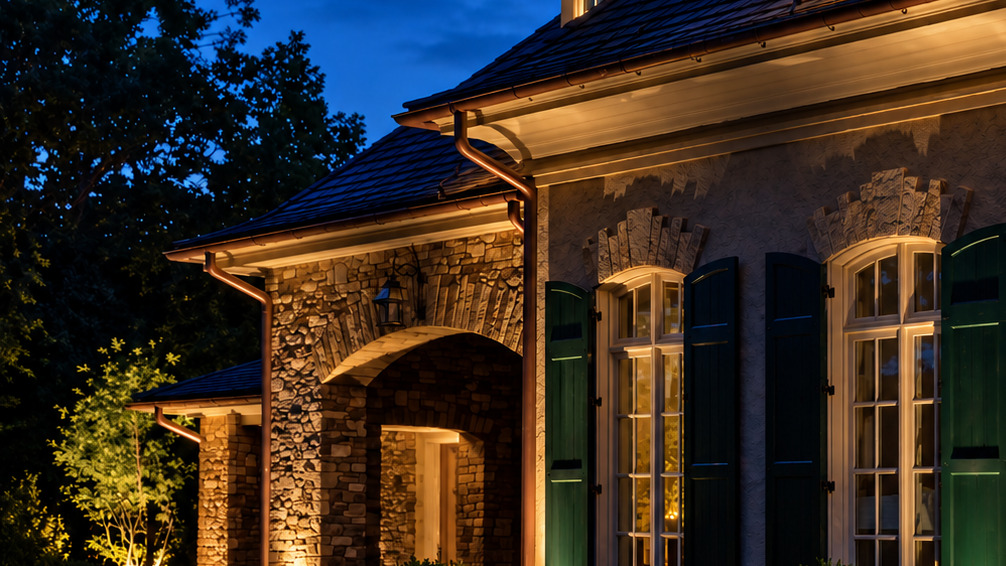 Architectural outdoor lighting illuminating a home at twilight