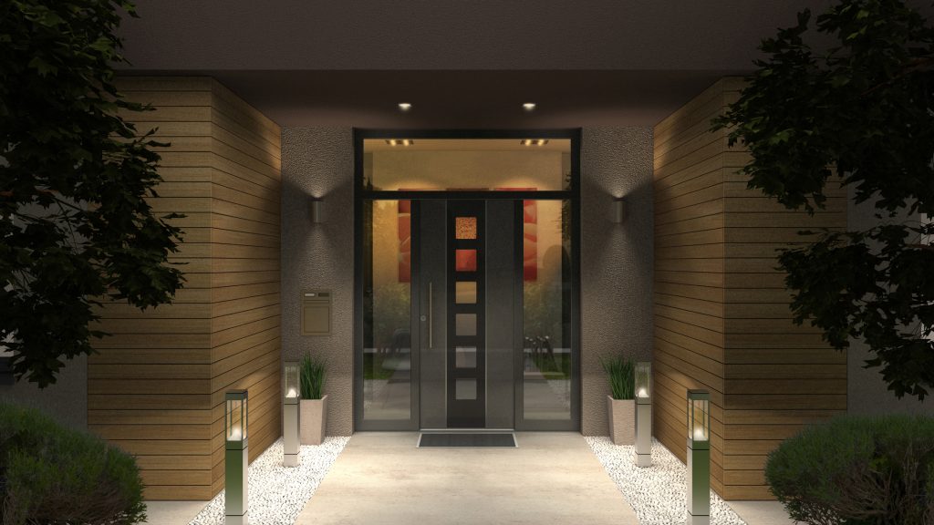 Modern home entrance by night